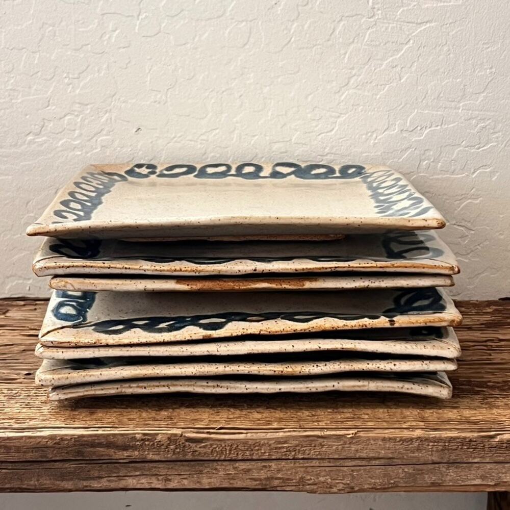 7 Art Studio Pottery Square Plates 9x9 in Blue Swirl Edge Rustic Speckled Rustic